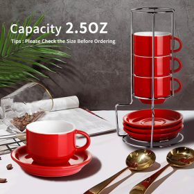 4 Ounce Porcelain Stackable Espresso Cups With Saucers And Metal Stand Set Of 4, Red